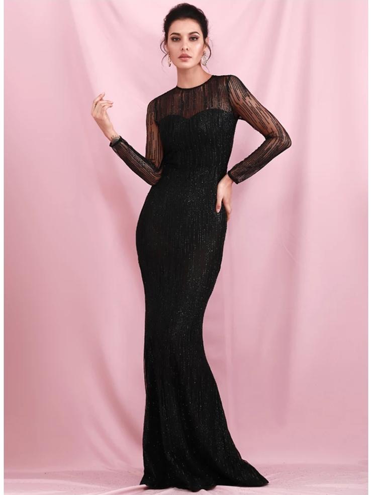 Column Jewel Neck Long Sleeves Floor-length Bright silk Evening Dress With Sequins 2