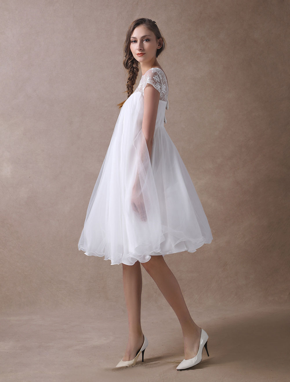 A-line Short Sleeves Mini Lace Bridal Attire With Lace 4