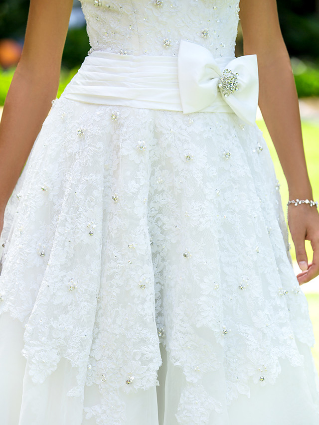 A-line Straps Bateau Neck Tea-length Tulle Wedding Dress With Lace 8