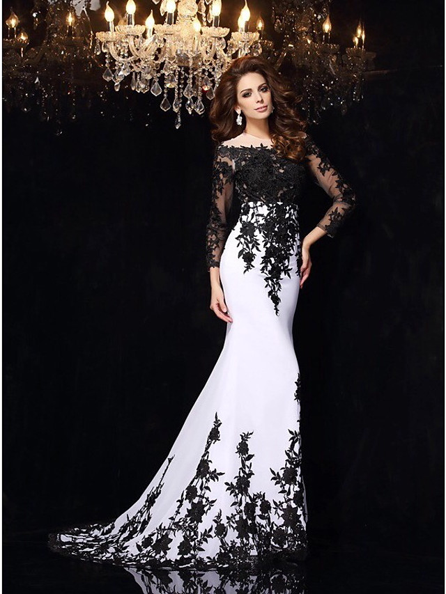 Mermaid Bateau Neck Long Sleeves Sweep / Brush Train Tulle Bridal Gown With Lace 5