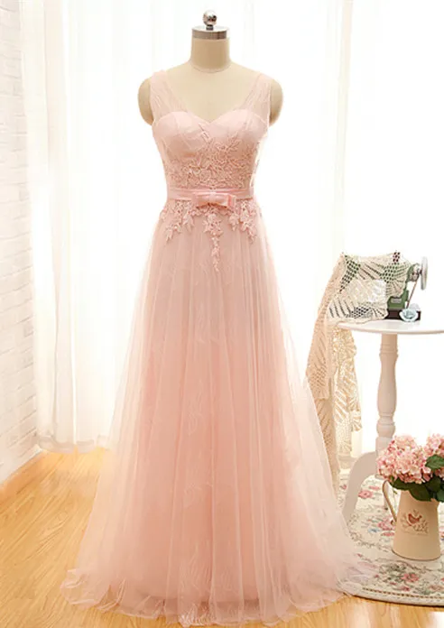 A-line V-neck Sleeveless Floor-length Tulle Bridesmaid Attire With Lace 1