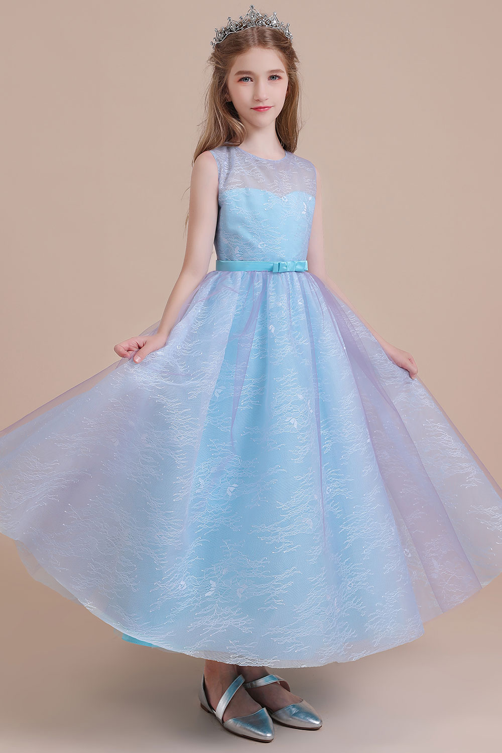 A-line Sweetheart Neck Jewel Neck Sleeveless Ankle-length Tulle Flower Girl Dress With Lace 6