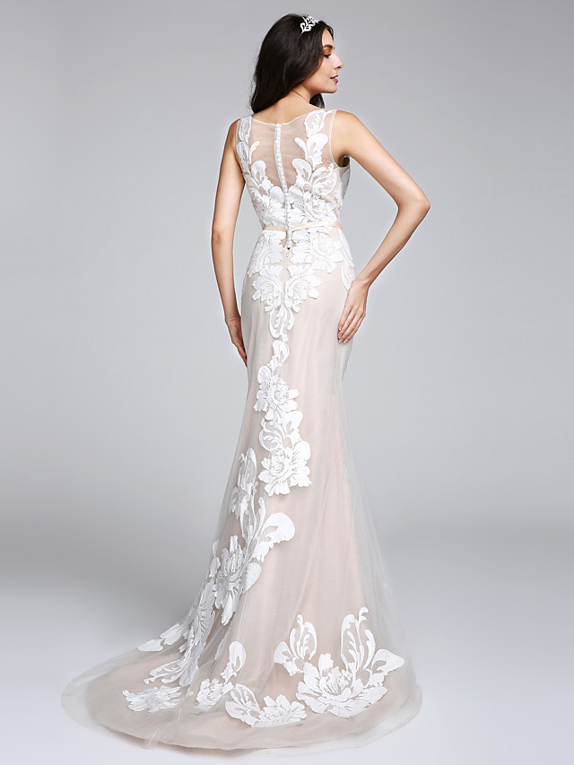 Mermaid Straps Bateau Neck Sweep / Brush Train Tulle Wedding Gown With Buttons 2