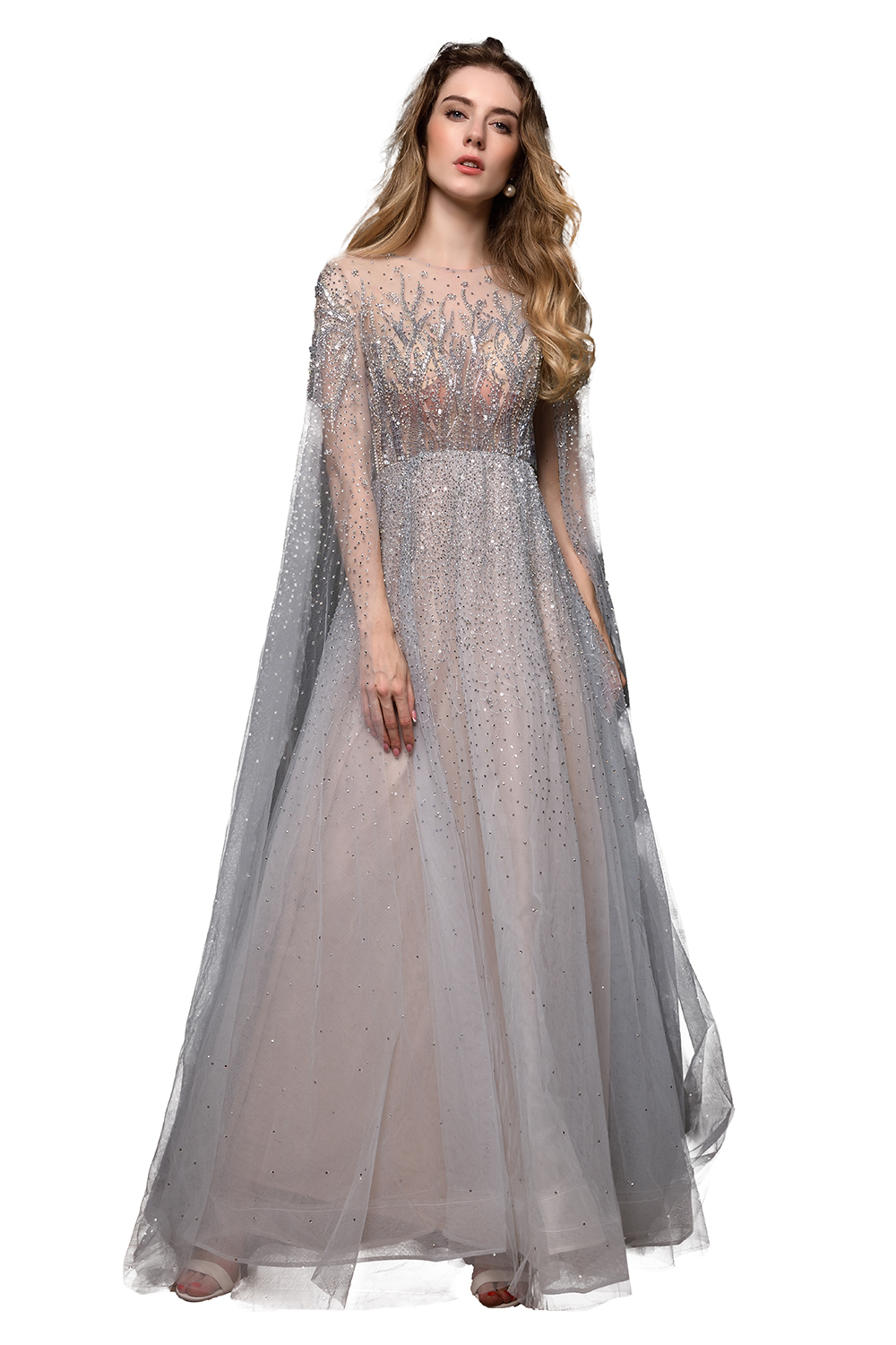 A-line Jewel Neck Long Sleeves Sweep / Brush Train Tulle Evening Gown With Beading 4
