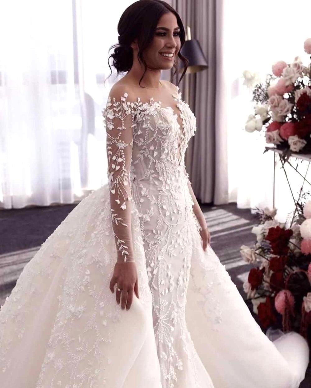 Mermaid Plunging Neckline Long Sleeves Court Train Bridal Gown With Lace 3