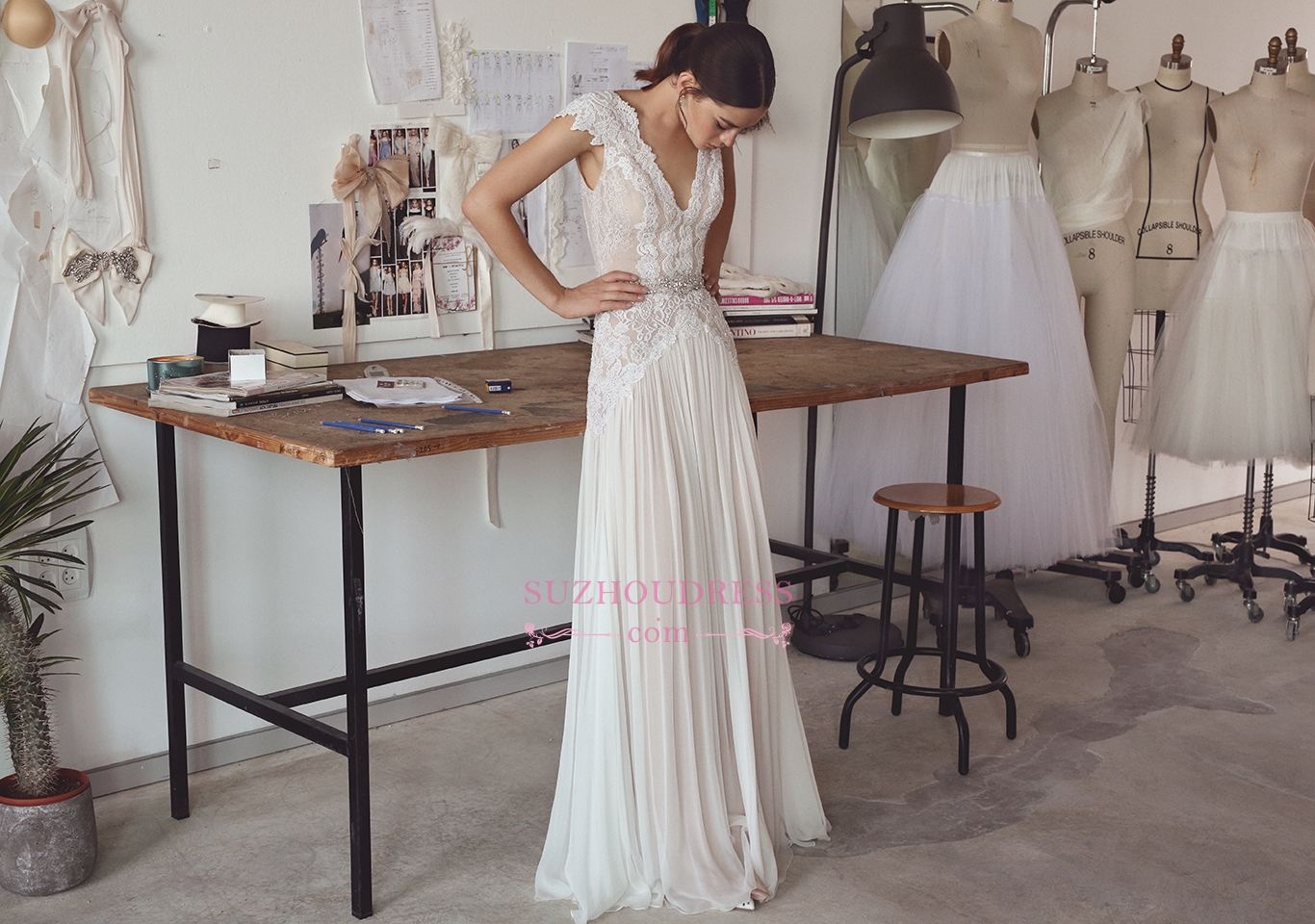 A-line V-neck Floor-length 100D Chiffon Bridal Dress With Lace 3