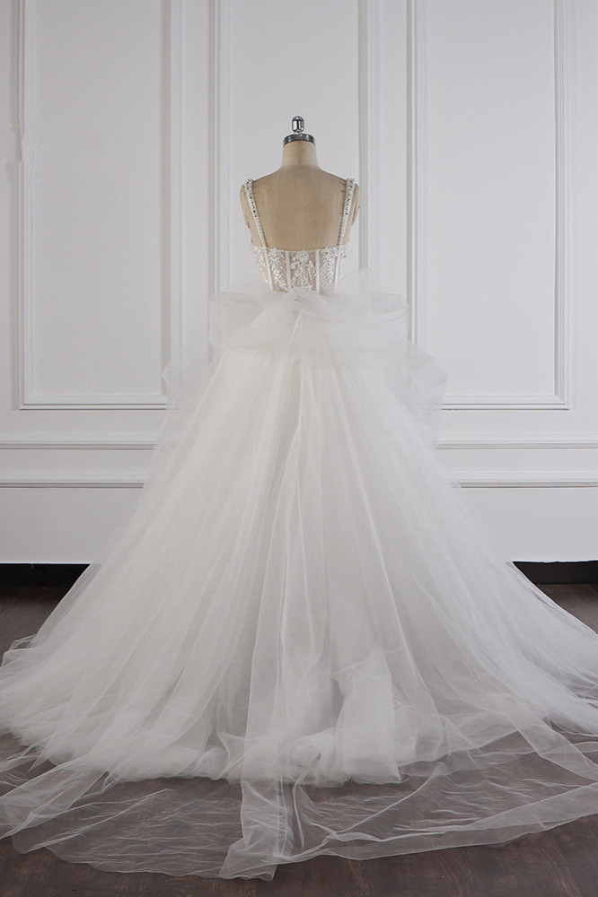 A-line Straps Sweetheart Neck Sleeveless Floor-length Tulle Wedding Dress With Appliques 2