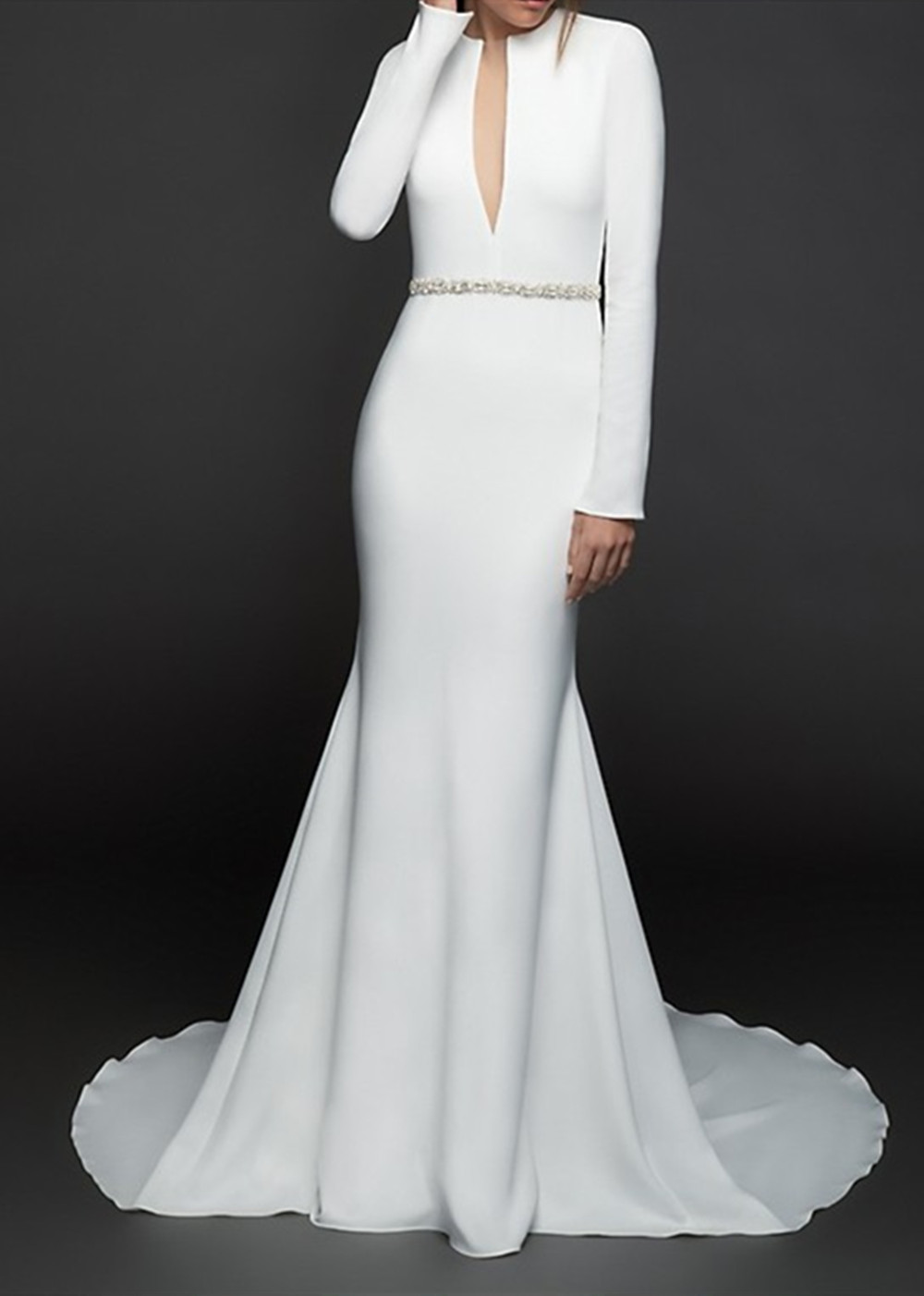 V-neck Long Sleeves Sweep / Brush Train Tulle Wedding Gown With Ribbons 2