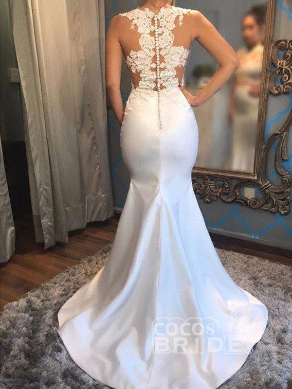 Mermaid V-neck Scoop Neck Sleeveless Tulle Bridal Dress With Appliques 2