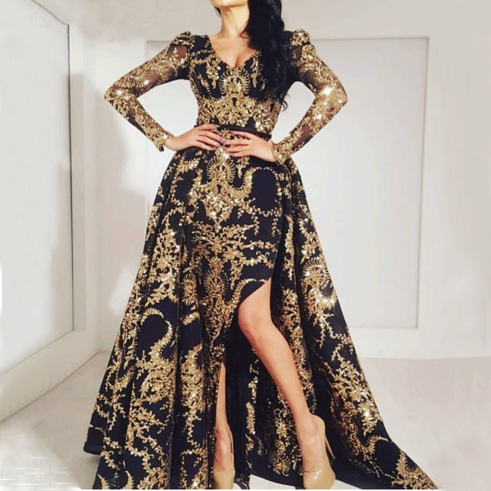 Column V-neck Sweep / Brush Train Evening Dress With Appliques 2