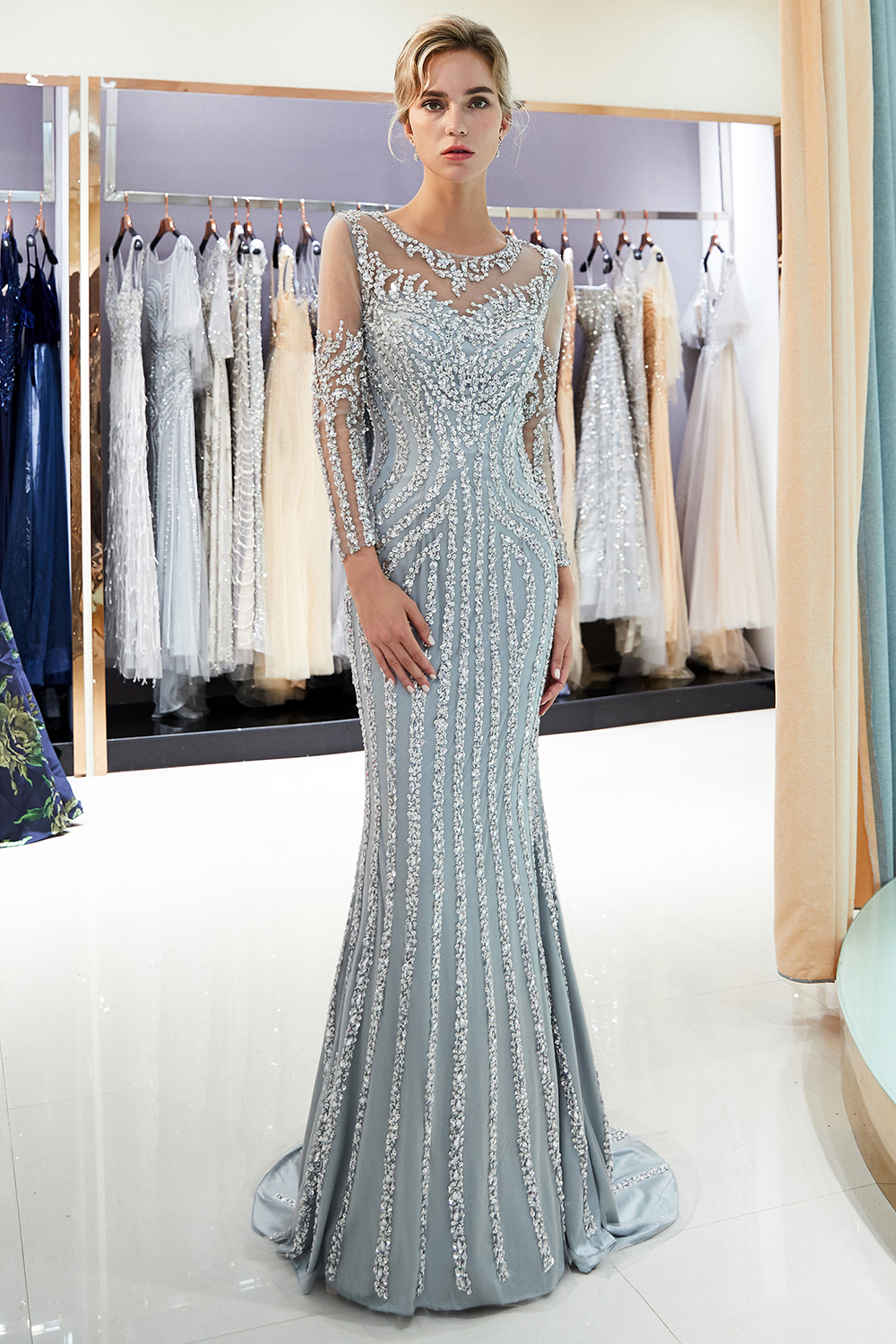 Mermaid Jewel Neck Long Sleeves Court Train Stretch Satin Formal Dress With Sequins 6