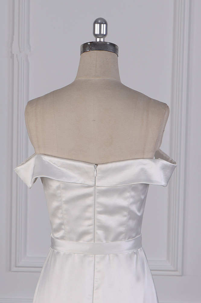 A-line Off-the-shoulder Sweetheart Neck Floor-length Satin Bridal Attire With Split Front 6