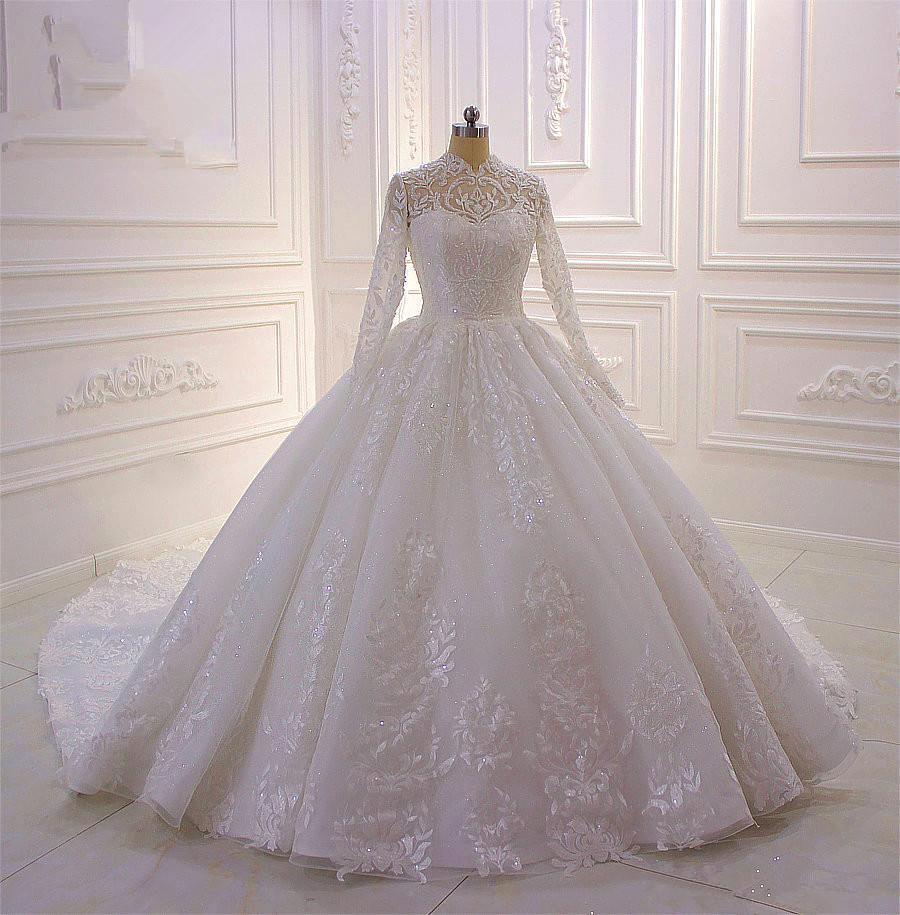 Ball Gown High Neck Long Sleeves Floor-length Tulle Wedding Dress With Beading 6