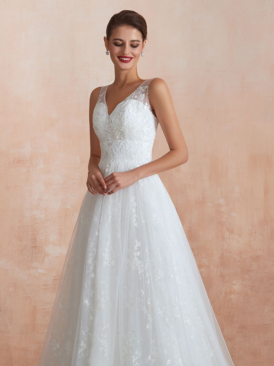 A-line V-neck Sleeveless Floor-length Lace Bridal Dress With Lace 8