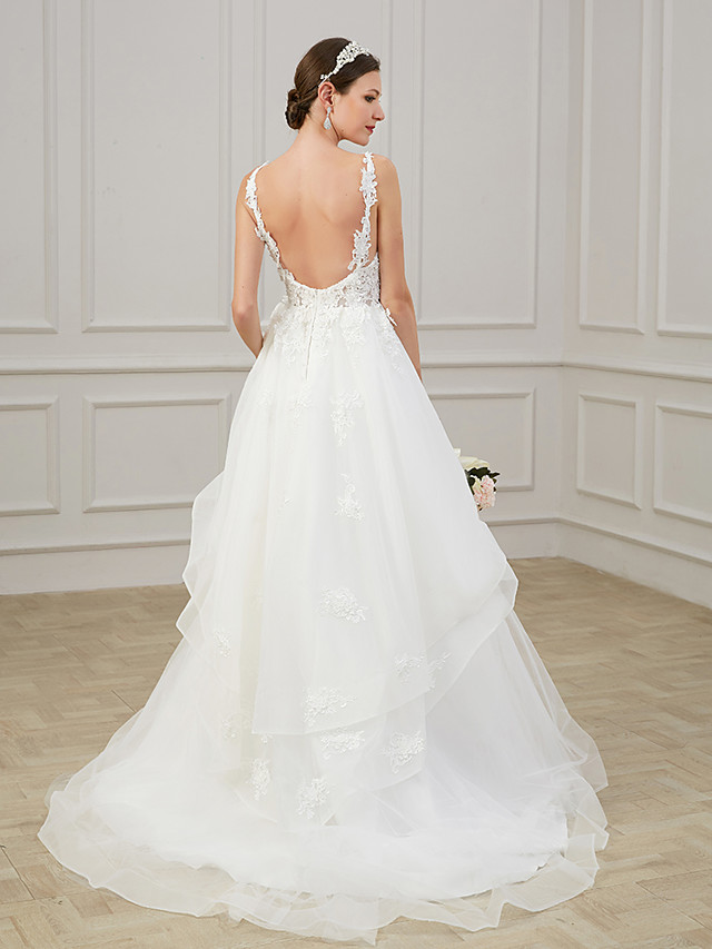 A-line V-neck Sleeveless Sweep / Brush Train Lace Bridal Gown With Lace 2