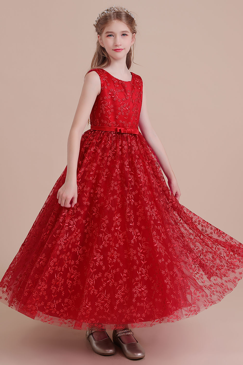 A-line Jewel Neck Sleeveless Ankle-length Tulle Flower Girl Dress With Embroidery 5