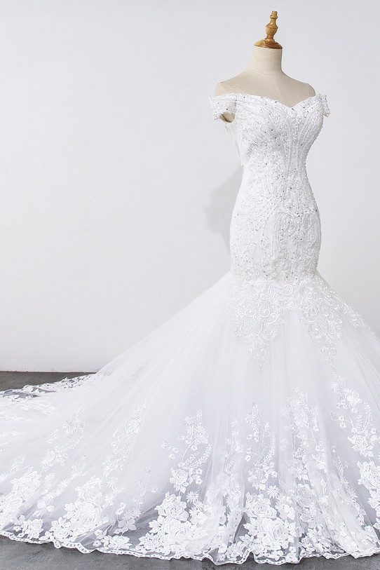 Mermaid Off-the-shoulder Sweetheart Neck Sleeveless Floor-length Tulle Bridal Attire With Beading 6