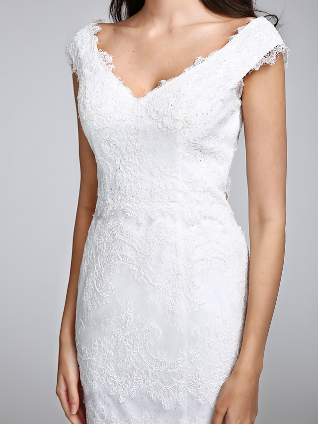 Mermaid V-neck Cap Sleeves Floor-length Tulle Bridal Attire With Lace 9