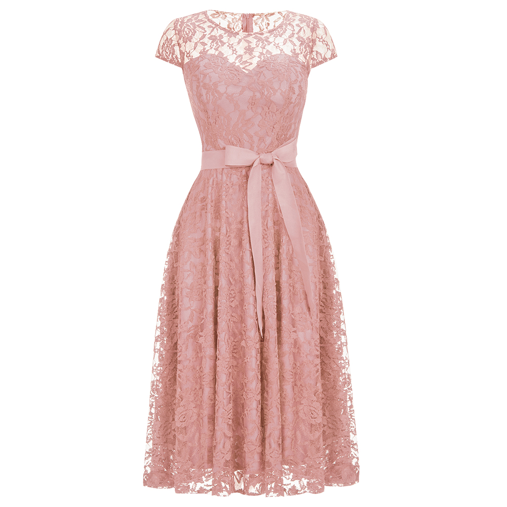 A-line Jewel Neck Short Sleeves Tea-length Lace Bridesmaid Outfit With Ribbons 3