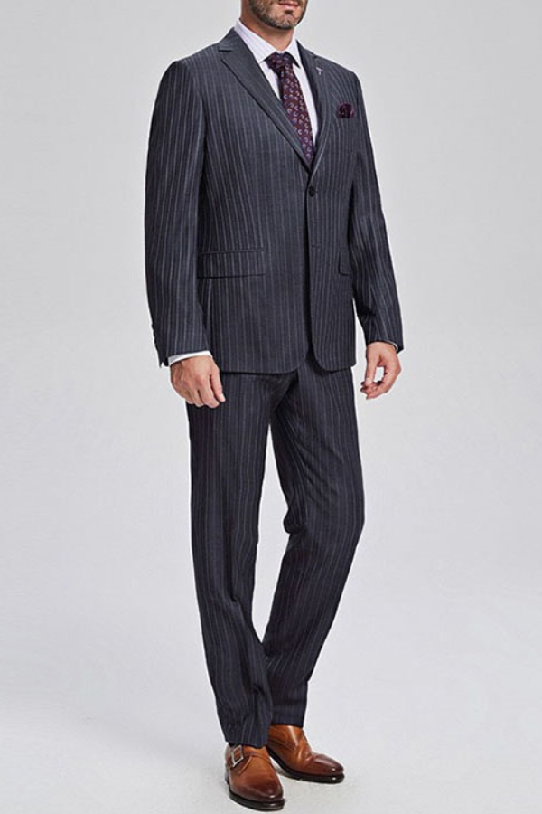Black Single Breasted Wool Blend Men's Business Suit with Gustavo Grey Stripes 2