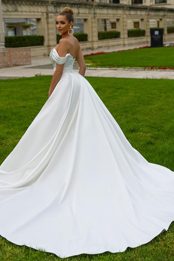 Seraphina Modern Satin Sheath Wedding Dress with Dramatic Cathedral Overskirt 2