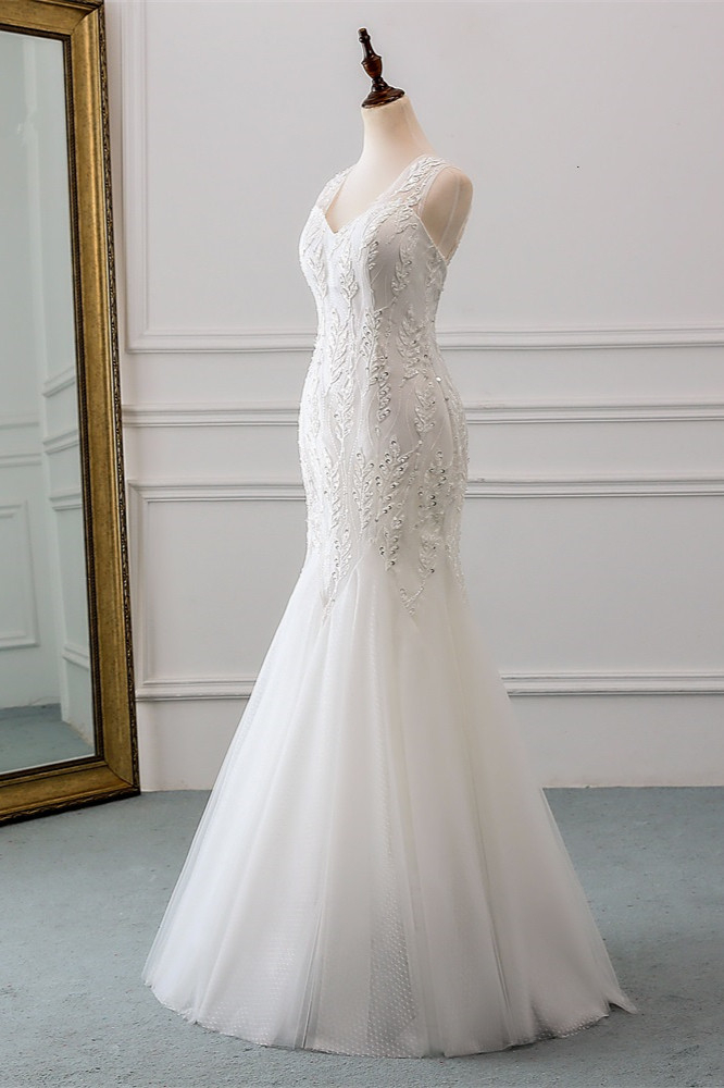 Mermaid V-neck Sleeveless Floor-length Tulle Wedding Gown With Beading 3