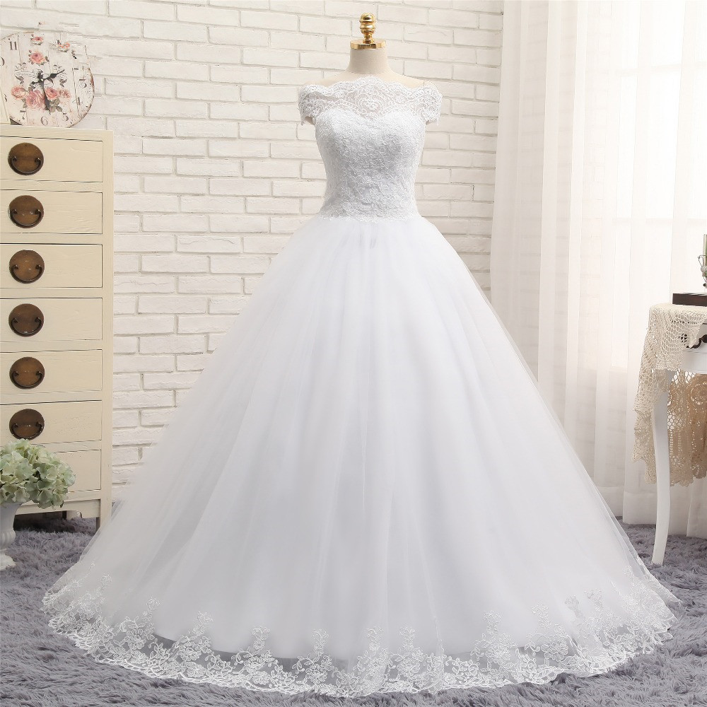A-line Bateau Neck Sleeveless Floor-length Tulle Wedding Dress With Lace 6
