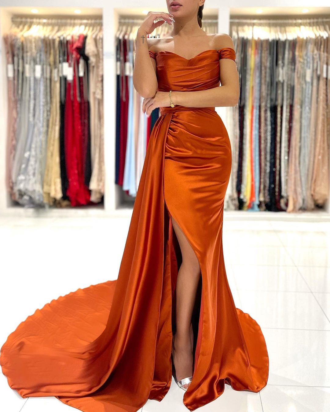 Mermaid Off-the-shoulder Sleeveless Floor-length Stretch Satin Cocktail Party Dress With Ruffles 4