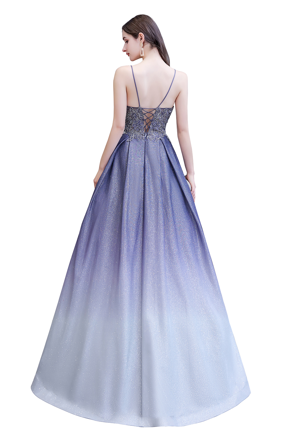 A-line Spaghetti Straps V-neck Sleeveless Sweep / Brush Train Satin Formal Dress With Appliques 14