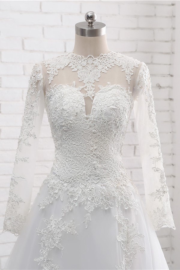 A-line Jewel Neck Long Sleeves Floor-length Tulle Wedding Dress With Lace 5