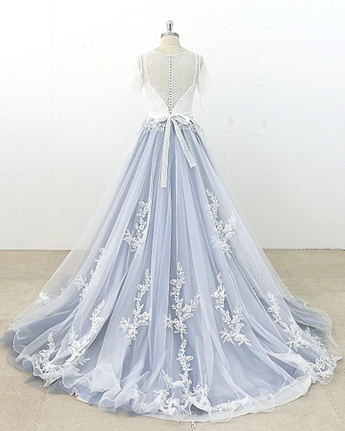 A-line Jewel Neck Short Sleeves Floor-length Tulle Bridal Dress With Lace 2