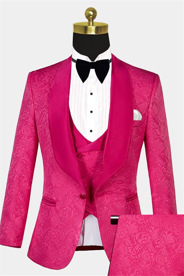 Floral Pink Slim Fit Jacquard Suit with One Button 1