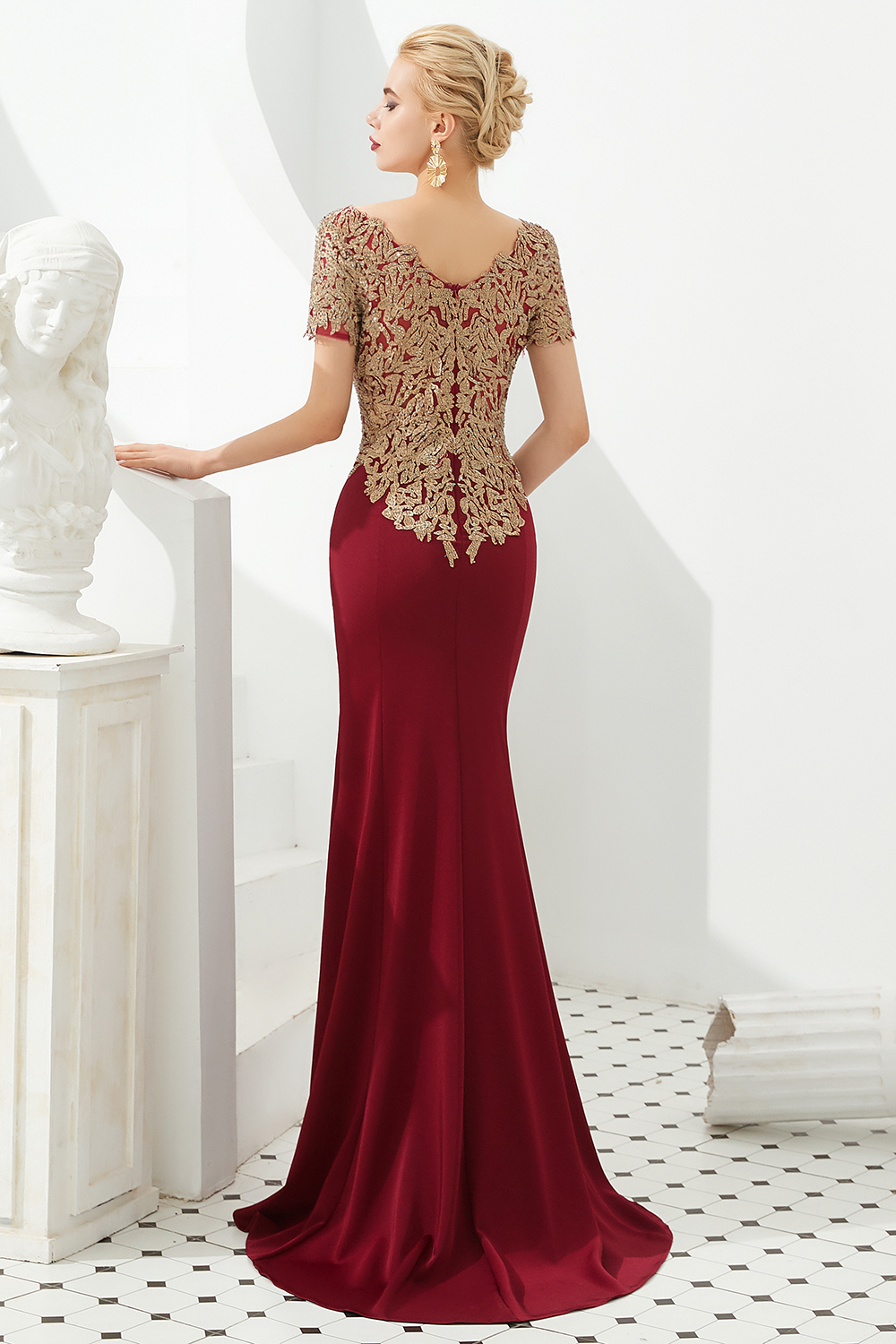 Mermaid Jewel Neck Short Sleeves Chapel Train Four-sided bomb Evening Gown With Lace 5