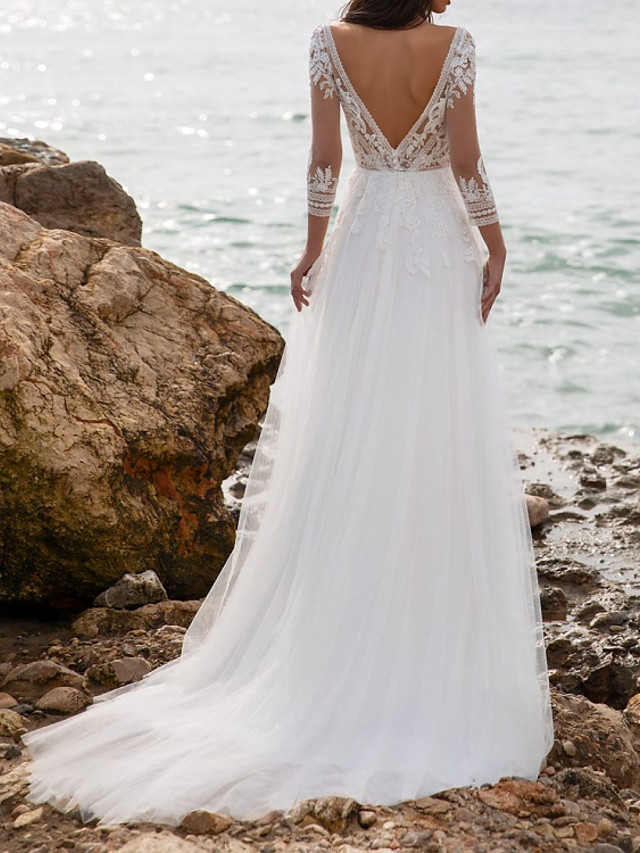 A-line V-neck Tulle Bridal Dress With Sweep / Brush Train 3