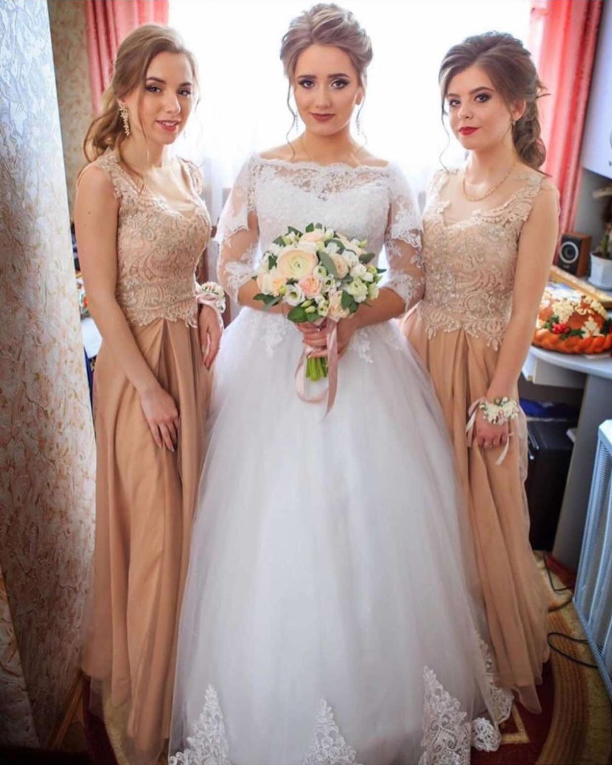 Ball Gown Bateau Neck Long Sleeves Sweep / Brush Train Lace Bridal Gown With Lace 3