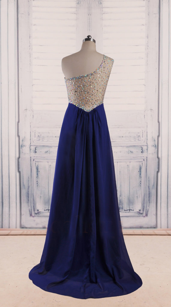 A-line One Shoulder Sleeveless Sweep / Brush Train 100D Chiffon Evening Gown With Crystal 2