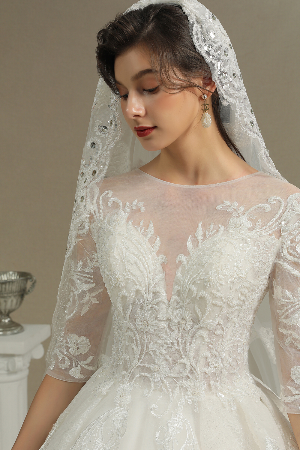 A-line Jewel Neck Half-Sleeves Cathedral Train Tulle Bridal Gown With Lace 8