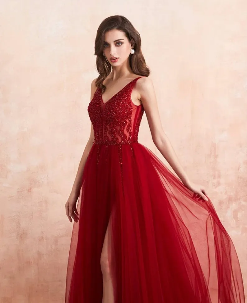 A-line V-neck Sleeveless Floor-length Tulle Evening Dress With Ruffles 6