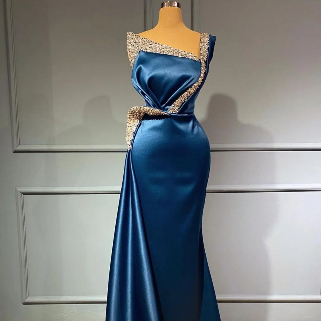 Mermaid One Shoulder Sleeveless Floor-length Stretch Satin Evening Gown With Ruffles 2