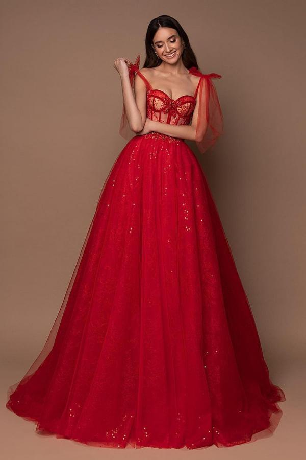 A-line Straps Sleeveless Floor-length Tulle Wedding Guest Dress With Lace 1