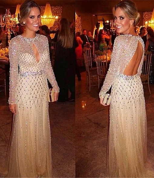 Crystal Long Sleeve Tulle Party Gowns Latest Beading Open Back Evening Dresses -  and 1