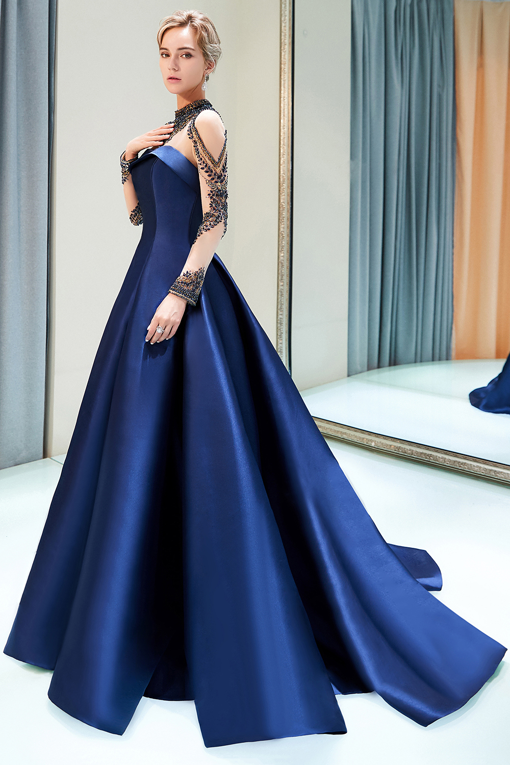 A-line Jewel Neck Long Sleeves Chapel Train Stretch Satin Evening Gown With Beading 4