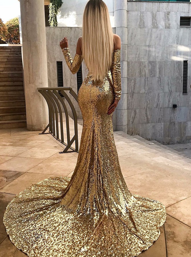 Mermaid Off-the-shoulder Chapel Train Evening Gown With Sequins 2