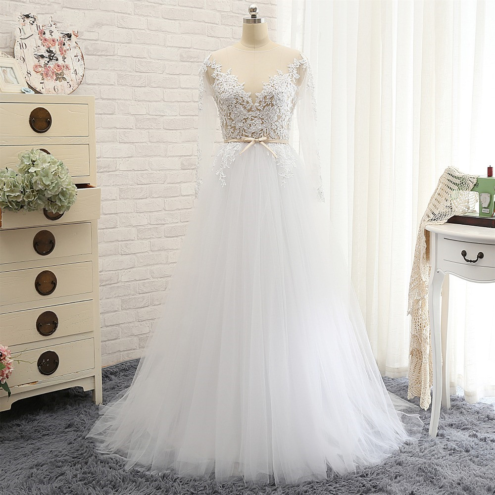 A-line Jewel Neck Long Sleeves Floor-length Tulle Wedding Dress With Appliques 6