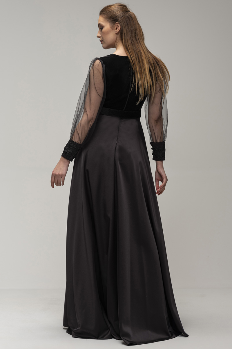 A-line V-neck Long Sleeves Floor-length Stretch Satin Evening Dress With Ribbons 3