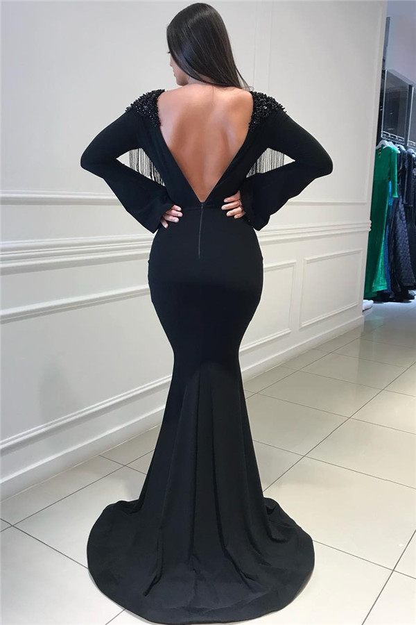 Mermaid Plunging Neckline Sweep / Brush Train Evening Gown With Beading 2