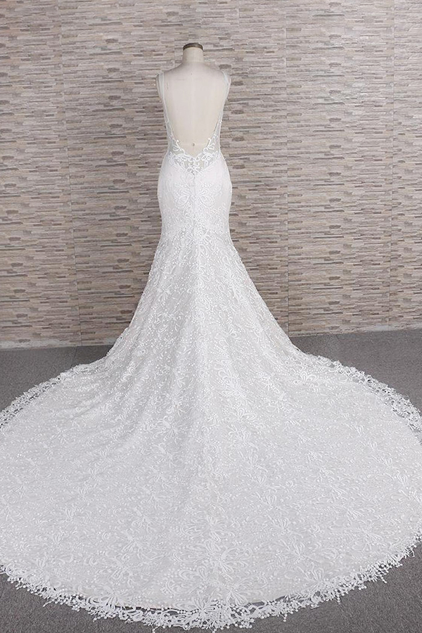 Mermaid Spaghetti Straps Sleeveless Chapel Train Tulle Wedding Gown With Lace 2
