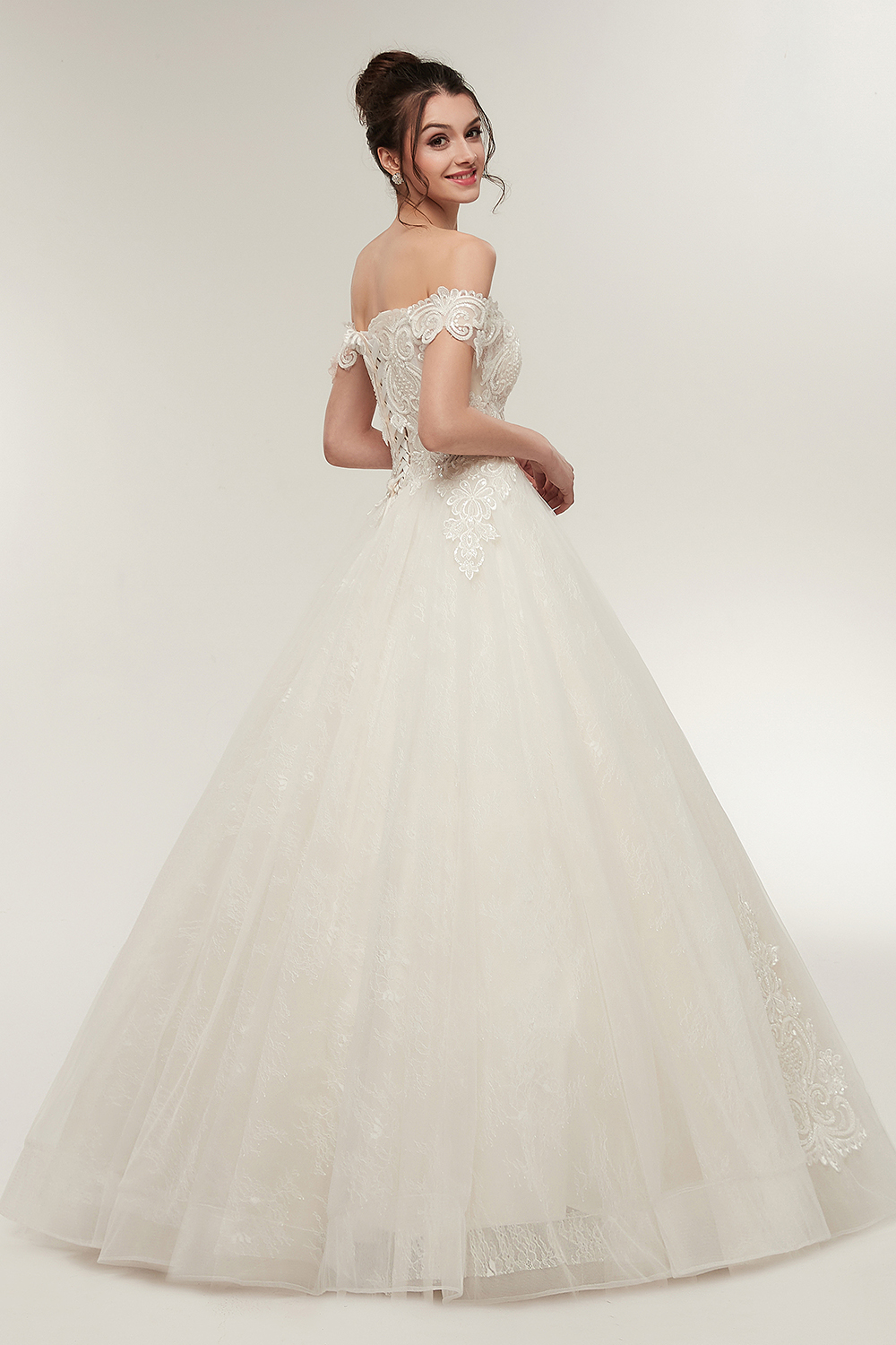Off-the-shoulder Cap Sleeves Floor-length Lace Wedding Dress With Lace 10