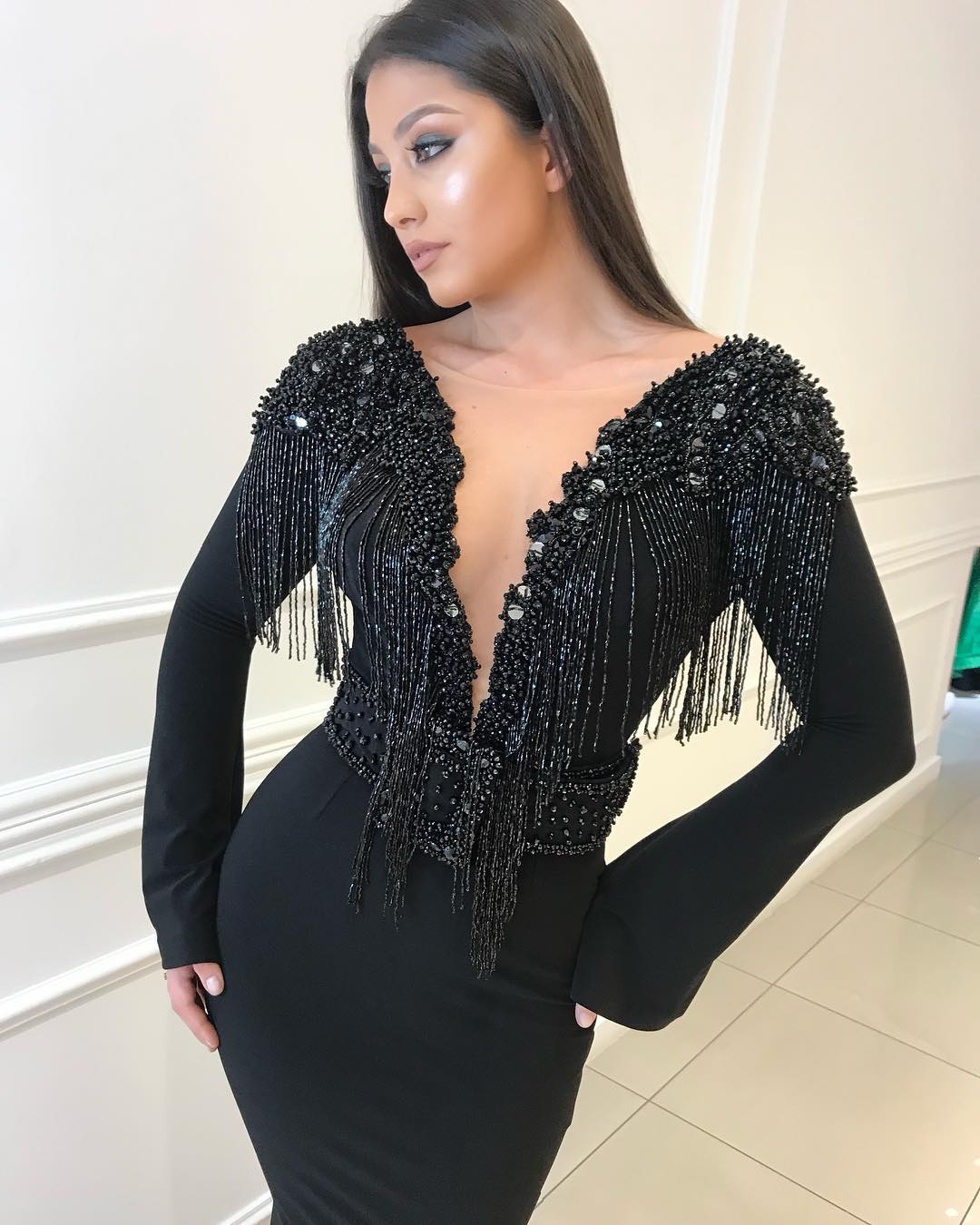 Mermaid Plunging Neckline Sweep / Brush Train Evening Gown With Beading 3