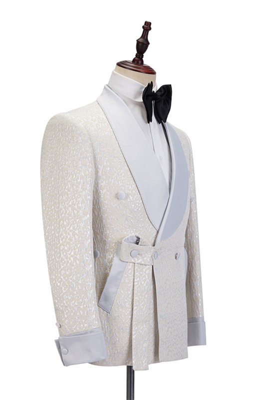 Off White Shawl Lapel Slim Fit Wedding Suit 3